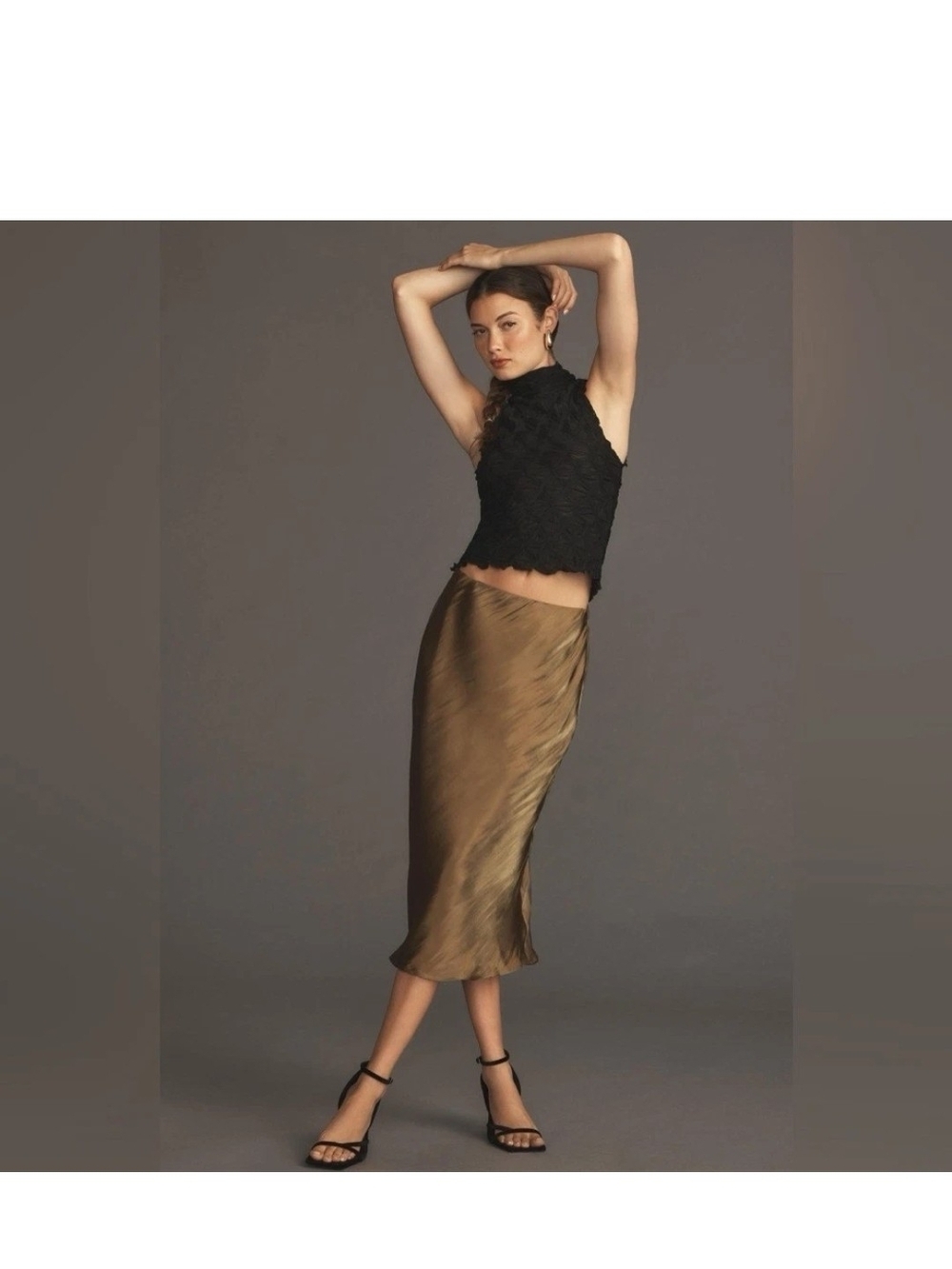 Anthropologie Satin Like Midi Slip Skirt XL Metallic Bronze Champagne Bias Cut